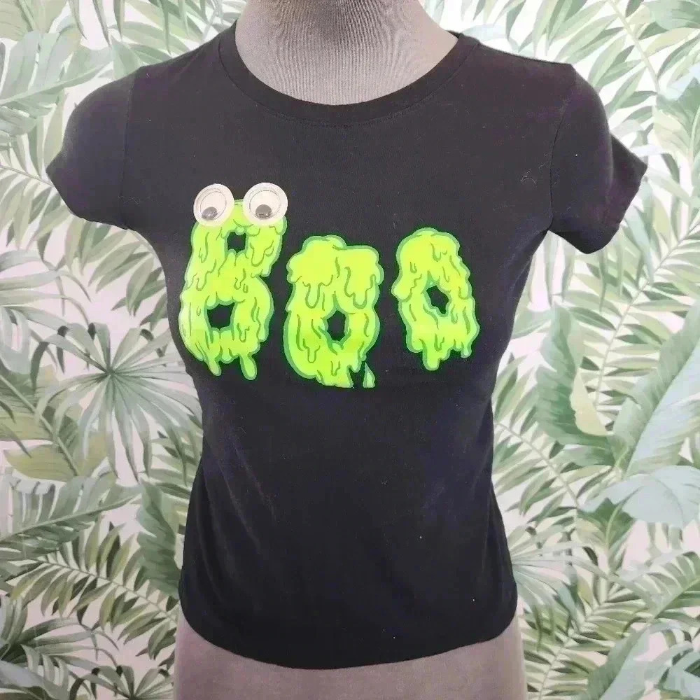 Girls Cat & Jack Black & Green Googly Eyes Boo HalloweenT-shirt